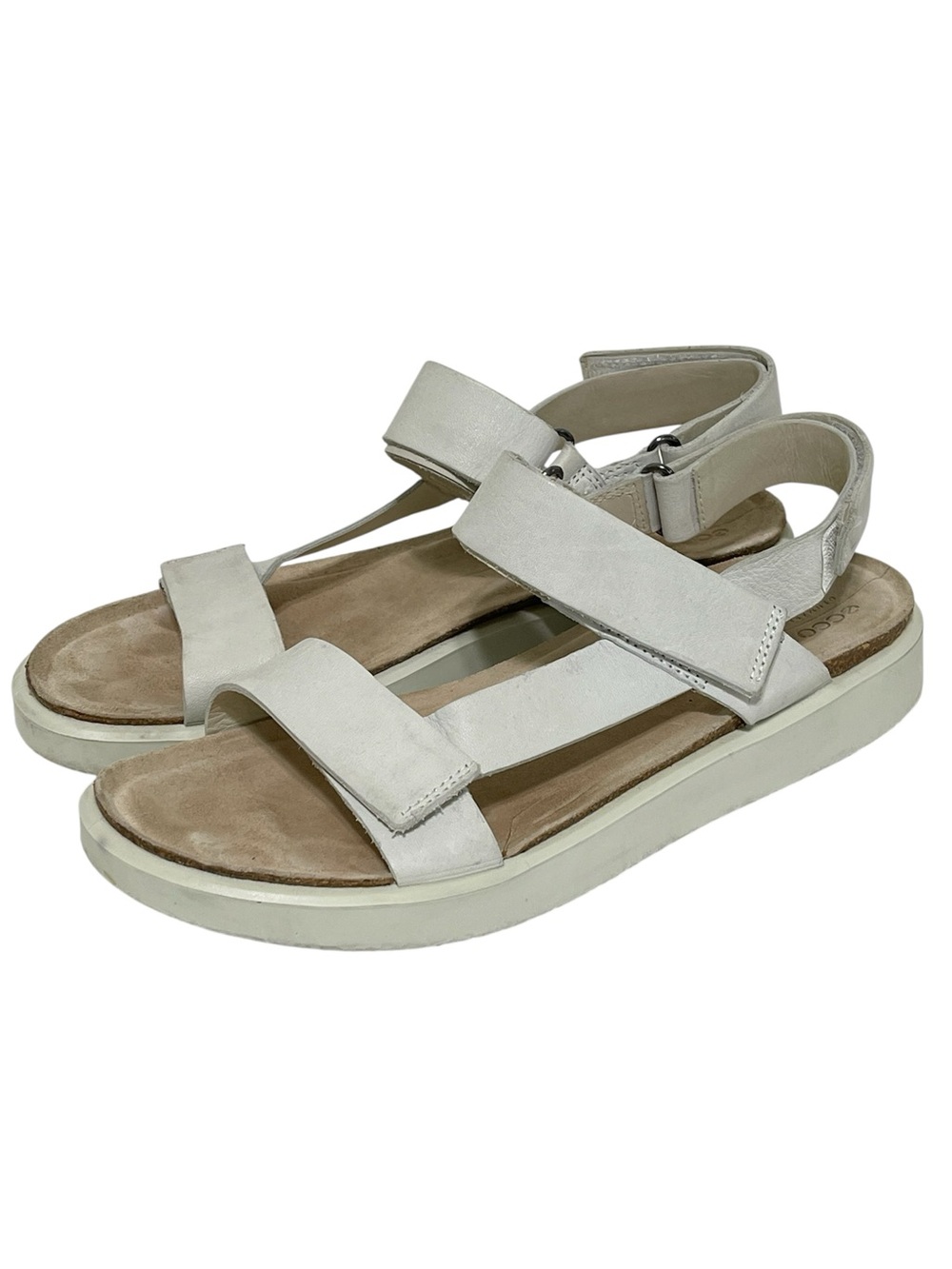 Ecco Corksphere White Leather Sandal Adjustable Hook & Loop Straps Comfort Sz 41